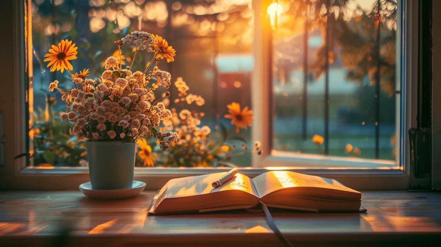 a serene morning scene captures a radiant sunrise filtering through an open window, illuminating a cozy journal adorned with uplifting affirmations and surrounded by fresh flowers, symbolizing the essence of daily positive thinking and self-reflection.