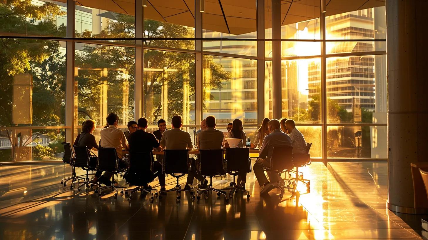 a vibrant corporate setting showcases a diverse group of enthusiastic team members engaging in a dynamic brainstorming session, illuminated by warm sunlight streaming through large windows, symbolizing the uplifting power of positive leadership.