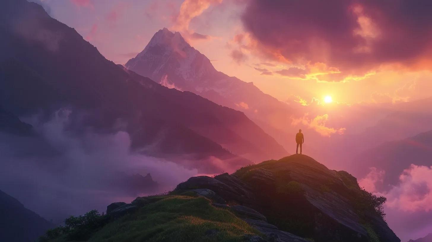 a vibrant sunrise illuminates a tranquil landscape, symbolizing the transformative power of positive thinking, with a lone figure standing atop a hill, gazing optimistically towards the horizon.